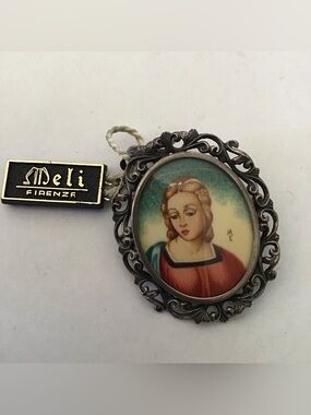 NEW Vintage 800 Silver Hand Painted Italian Angel Brooch Pendant